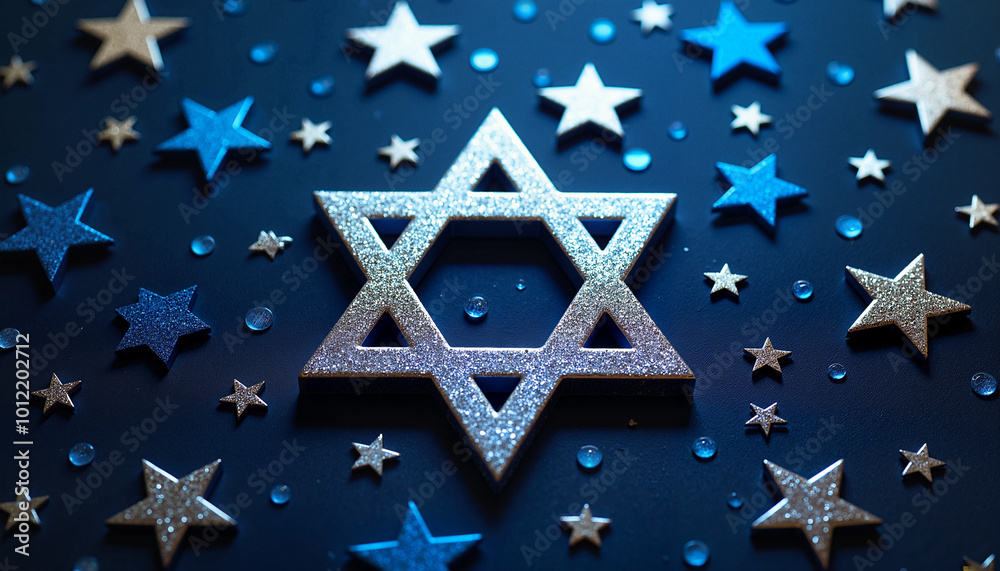 Wall mural decorative star of david surrounded by shiny stars on a blue background for cultural art