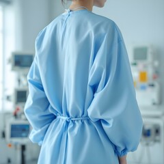 Close-Up of a Modern Disposable Medical Gown Worn by Asian Female Healthcare Professional in a Sterile Hospital Environment