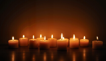 Array of glowing candles with warm flames creating a cozy ambiance in a dimly lit space
