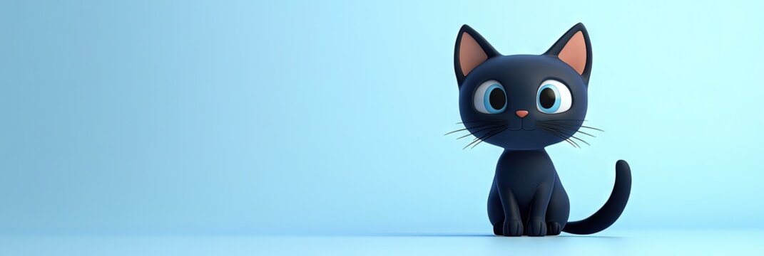 3D animated cartoon friendly black cat, solid background, copy space 