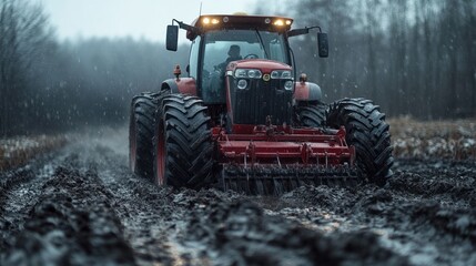Obraz premium A red tractor drives through a muddy field in the winter, with snow falling.