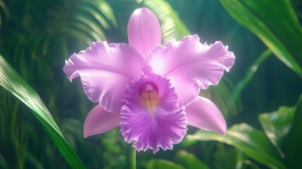 Exquisite Close-Up Macro Shot of Purple Orchid with Ruffled Petals Amid Lush Greenery | Ultra-Detailed Photorealistic Image