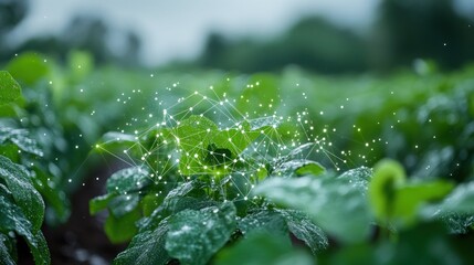 Green plant leaves in a field with glowing digital network lines, representing modern technology and sustainable agriculture.