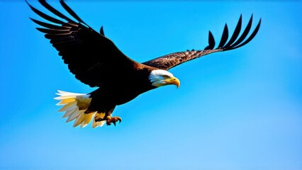 Obraz premium A majestic bald eagle soaring majestically through the air, its wide wingspan creating an impressive silhouette against the bright blue sky