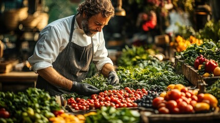 A man in a black apron and gloves is arranging fresh produce at a market stall.