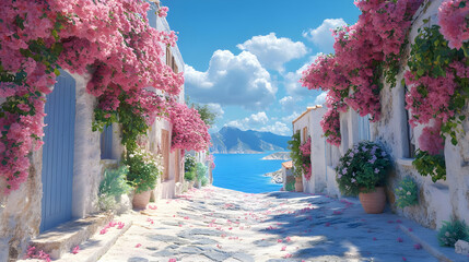 Cobblestone Street with Pink Flowers, Ocean View, and White Houses - 3D Illustration