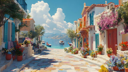 Colorful Mediterranean Village Illustration