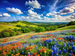 Expansive Texas Landscape Featuring Rolling Hills, Blue Skies, and Vibrant Wildflowers in Springtime
