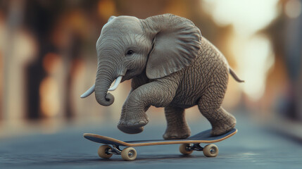 A 3D image shows an elephant riding a skateboard. It's a silly idea that makes you smile, showing that anything is possible.