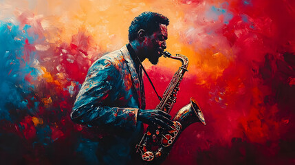 Saxophone Player in Abstract Painting