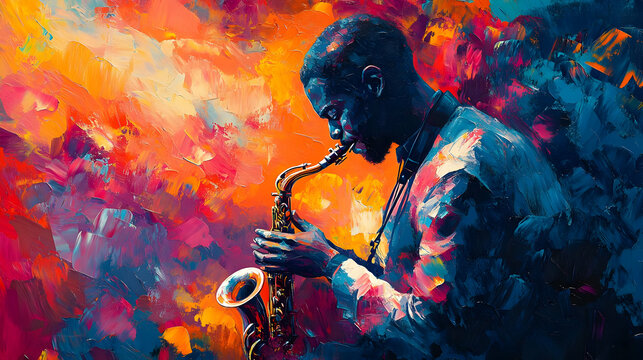 Saxophone Player in Colorful Abstract Painting Illustration