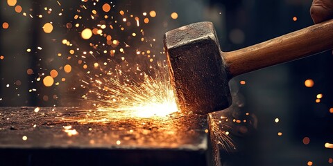 sledgehammer making sparks on anvil 