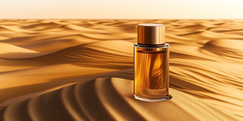 Golden sand dunes, a cylindrical transparent perfume bottle standing on the golden ground, the background is light gold,