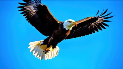 Obraz premium A majestic bald eagle soaring majestically through the air, its wide wingspan creating an impressive silhouette against the bright blue sky