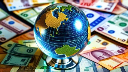 Crystal globe on many currency, World bank, Money transfers and currency exchanges between countries of the world