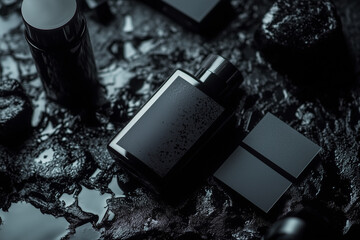 bottle of black beauty product with black label on black background
