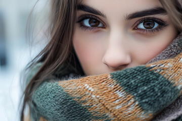 close up shot of woman wearing a yellow green scarf on a cold weather