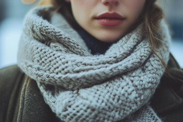 close up shot of woman wearing a gray scarf on a cold weather