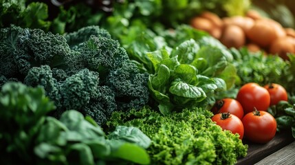 A close-up shot of fresh produce, including kale, lettuce, spinach, and tomatoes, displayed on a wooden table.
