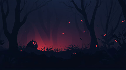 a red eyed jack o lantern pumpkin in a dark black forest with omnious red glow