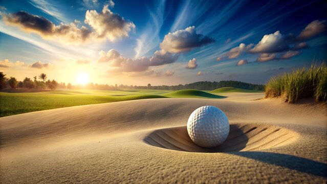 Golf ball in sand bunker at sunrise on scenic course