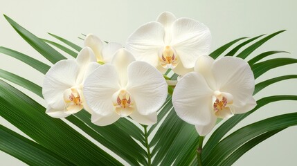 Fototapeta premium Exquisite Cream Orchid with Lavender Tips in Lush Foliage - Detailed Macro Shot