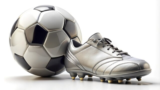 Soccer ball and silver cleats on white background