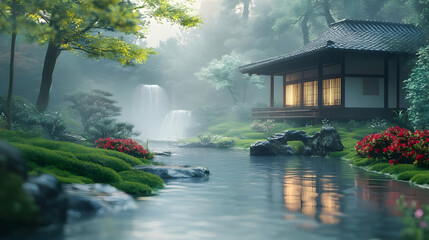 Fototapeta premium Tranquil Japanese Garden with a Wooden House and a Waterfall