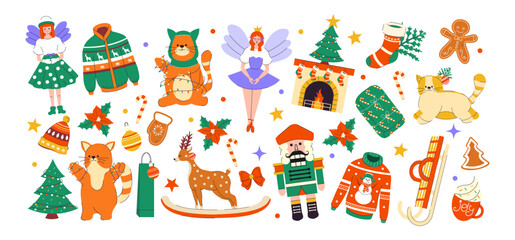 Fototapeta premium Holiday gifts. Happy New Year. Merry Christmas. Holly Jolly. December. Stickers. Set elements. Trendy collection. Hand drawn. Doodle. Cut out. Christmas tree branch, toys, food, candy. Flat. Isolated