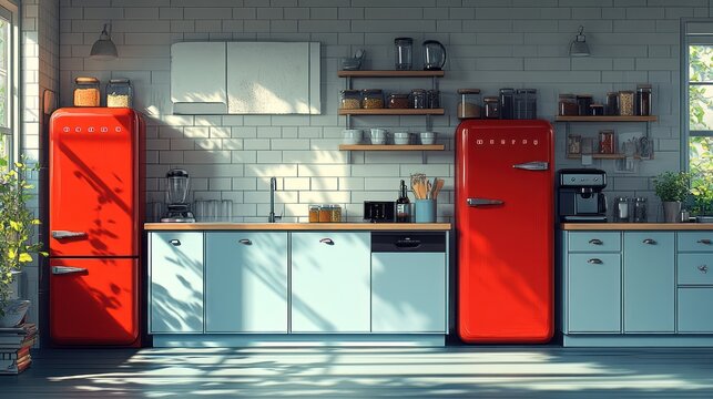 A modern kitchen with two red refrigerators, white brick walls, and wooden shelves.