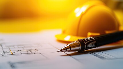 Construction tools and plans with a yellow hard hat and pen on a workspace.