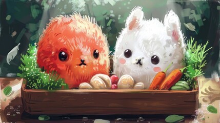 Fluffy creatures with fresh veggies in nature