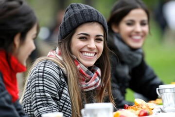 Joyful friends enjoying outdoor brunch in cozy winter attire