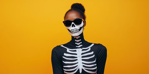 black woman wearing skeleton halloween costume, solid background, copy space