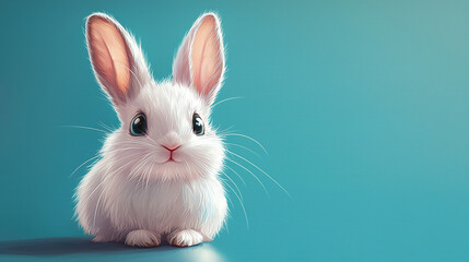 Obraz premium White fluffy bunny posing on a blue background