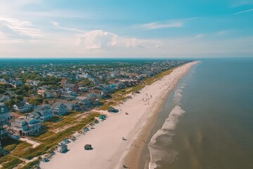 A beautiful beach with a long shoreline and a small town in the distance, generative ai image