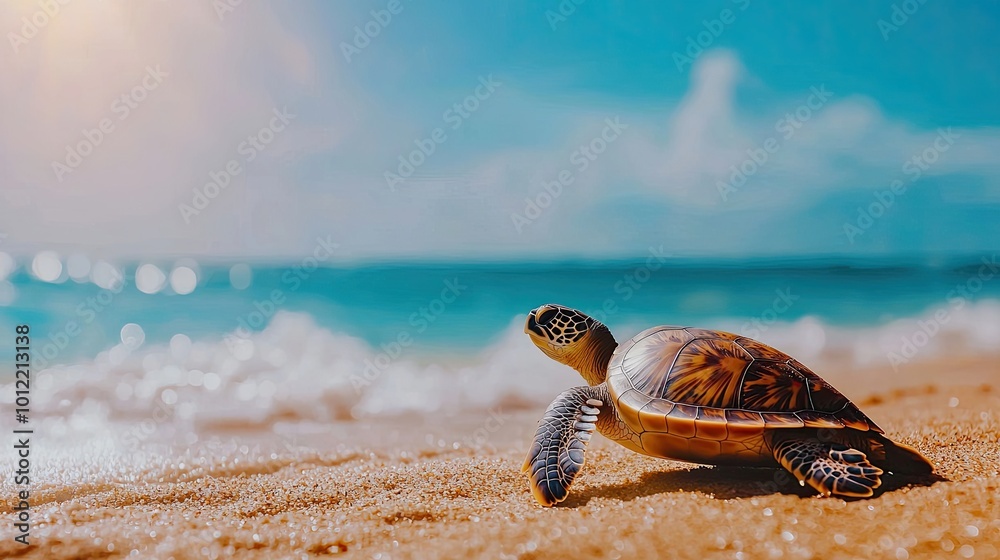Canvas Prints turtle on sandy beach with ocean waves and bright sunny sky.