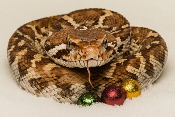 Obraz premium Coiled snake on snow with colorful baubles