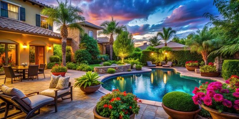 Fototapeta premium Exquisite Luxury Backyard Ideas Featuring Elegant Patios, Lavish Pools, and Lush Landscaping Designs
