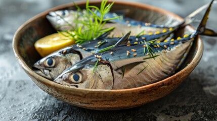 Fresh mackerel garnished with herbs and lemon in a bowl