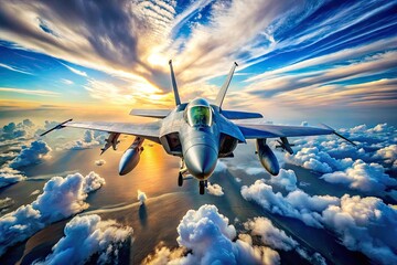 Obraz premium F18 Hornet Fighter Jet in Flight Over Clear Blue Sky with Stunning Cloud Formation Below It