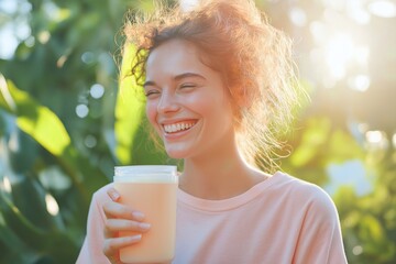 Berry fruit smoothie in a large glass, Young woman smiling on green leaves background. Healthy eating, vegetarian, fruitarian. Detox drinks. Poster, banner, copy space