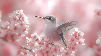 Fototapeta premium Hummingbird Perched on Pink Flowers - Illustration