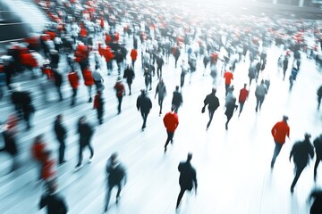 Blurred crowd movement in urban setting with motion effect and red highlights