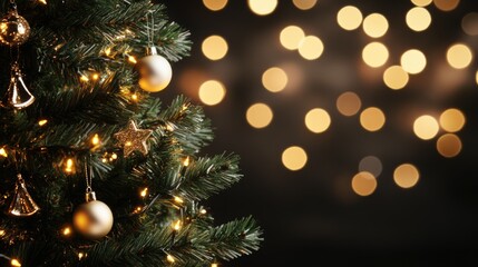 Festive christmas tree with golden baubles and twinkling lights in a warm holiday setting