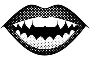 Halftone vampire teeth, lips. Vector drawing from dots, collage element, Halloween.