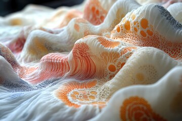 Close-up of white fabric with orange and blue floral pattern, rippling and textured.