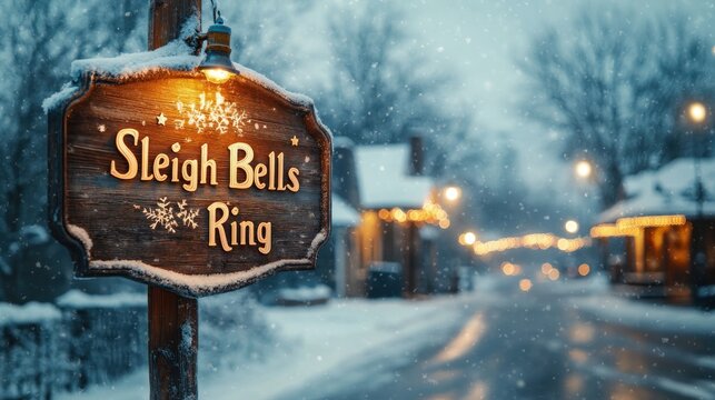 A wooden sign with the words "Sleigh Bells Ring" is covered in snow with a string of lights on a post on a snowy street, a festive winter scene.