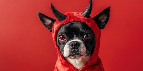 dog wearing devil halloween costume, solid background, copy space 