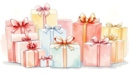 Obraz premium Watercolor pastel gift boxes with ribbons and bows for romantic celebration with copy space